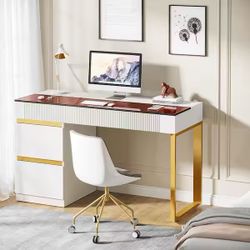Halseey 47 in. Rectangular White and Gold Wood 4-Drawer Computer Desk, Modern Home Office Desk with Glass Top