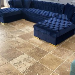 Lauren Velvet Navy Double Chaise Sectional & Couch Sofa 