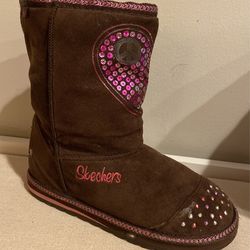 Girls Size 2 Brown, Pink & Sparkling Boots By Sketchers