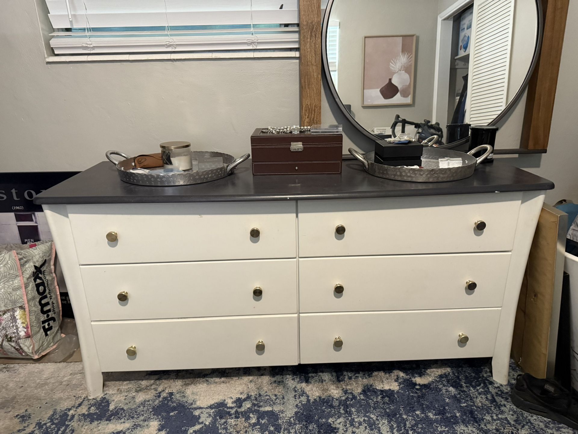 Modern 6-Drawer Dresser with Dark Wood Top & Gold Knobs - $120