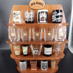 Jack Daniels Legends Wooden Shot Glass Display Shelf w/ 18 Shot Glasses