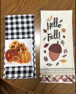 2 New FALL cotton dish towels.  Both have a loop to can hang on hook/knob. $ inc Both . SEE Below