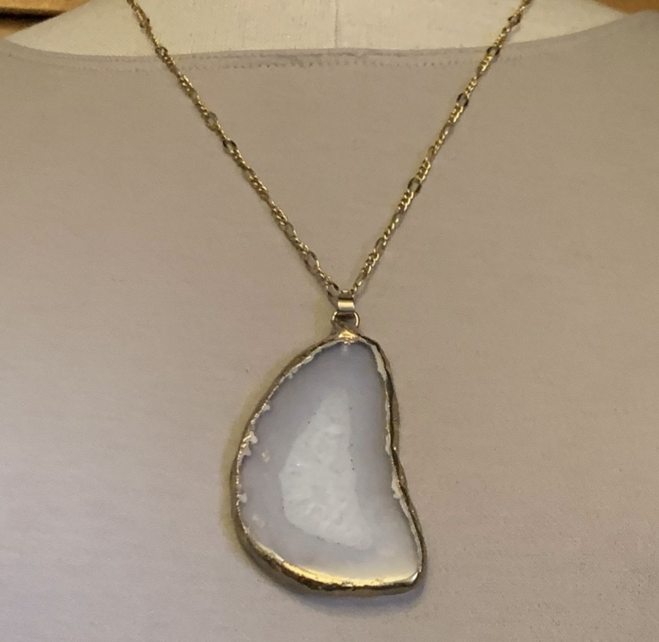 White Crystal Sliced Agate Pendant With A Brass Gold Plated Chain Necklace 