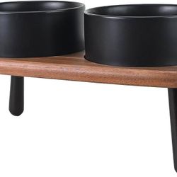 Black Ceramic Elevated Dog 6.11” Bowls Non-Slip Raised with Acacia Bamboo Wooden Stand