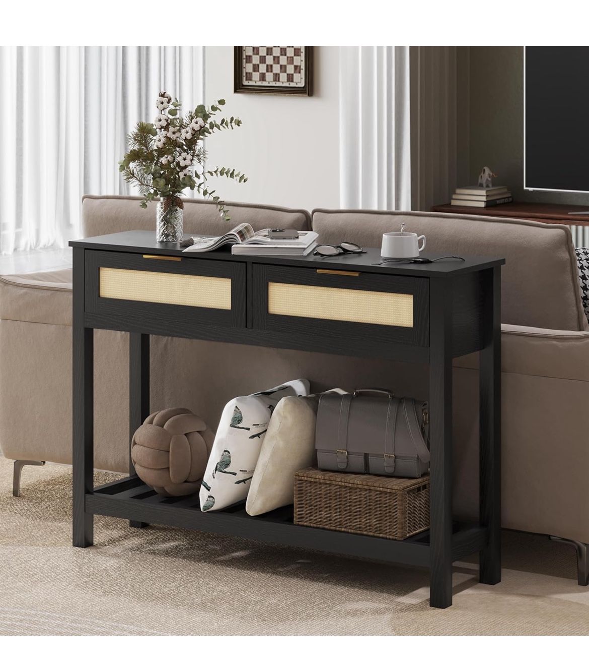 Newly in box Console Tables with 2 Drawers,Rattan Entryway Table with Storage Shelf,Wood