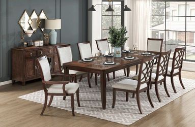 Meticulously crafted cherry finish large dining set w/extension leaves
