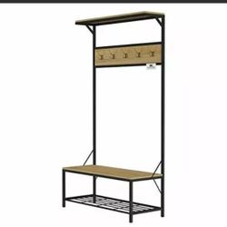 ⚡P45#2 $80 - Metal Entryway Bench Hall Tree With Seat Coat Hooks And Shoe Storagerustic Farmh