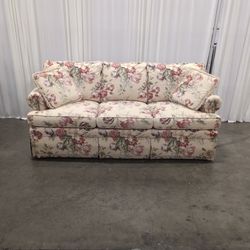 Ethan Allen Cream Floral Rolled Arm Three-Seat Couch