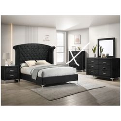 4 Piece Queen Bed Set Black Velvet Bed Frame Dresser Nightstand Mirror Brand New In Box Firm Price $960