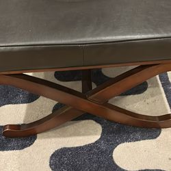 Ottoman. Black Leather, Brown Legs