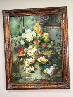 Large vintage floral painting on canvas in ornate frame