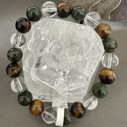 New, Men’s Jade, Tiger Eye Stone And Clear Quartz Crystal Bracelet. Jewelry Bag And Meanings Included.
