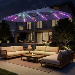 Double Sided Patio Umbrellas with Base - 15ft RGB Multi-Color Flowing LED Lights Outdoor Extra Large Market Table Umbrella w/Stand, Oversized Umbrella