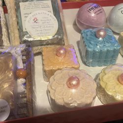 One Dozen New Sealed Bath Bombs & Soaps W/tray