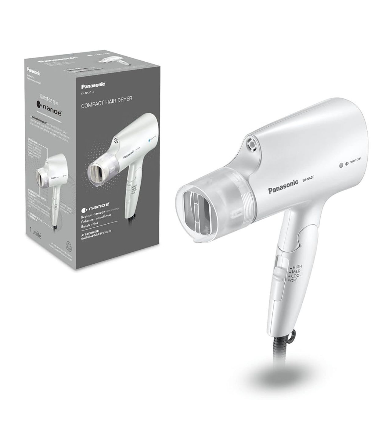 Panasonic nanoe Compact Hair Dryer with Oscillating Quick Dry Nozzle for Healthier-Looking Hair, Folding Blow Dryer for Travel and Home, 3 Airflow Set