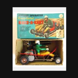 L👁👁K! Vintage 1960s Marxs Race-A-Kart Remote Control Toy Working Original Box Japan.  Rolls front/back,  Great collectible....asking $275.00