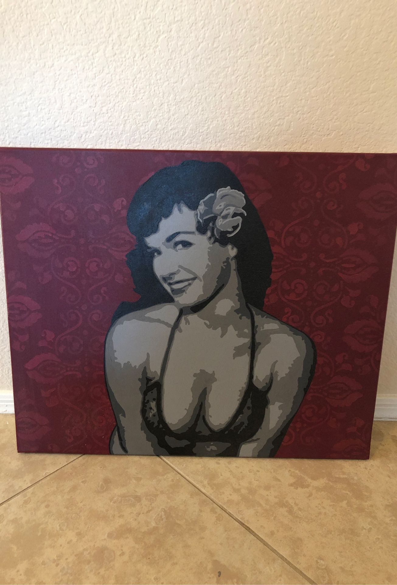24”x 20” acrylic painting of Betty Page by hand