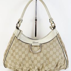 💯Authentic GUCCI Brown GG Canvas and Gold Leather Tote Hand Bag Purse 