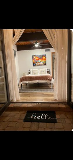 Queen Bed with queen mattress and topper