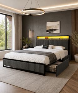 New Full Size Bed Frame with LED Headboard, Storage Drawers & Charging Station – Brand New