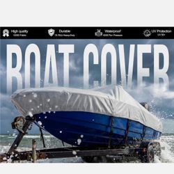 1200D Boat Cover 16-17ft, Waterproof Heavy Duty Marine Tarp Gray Cover, Fits Bass, V-Hull, Tri-Hull, Runabout Fish Ski Boats with Storage Bag