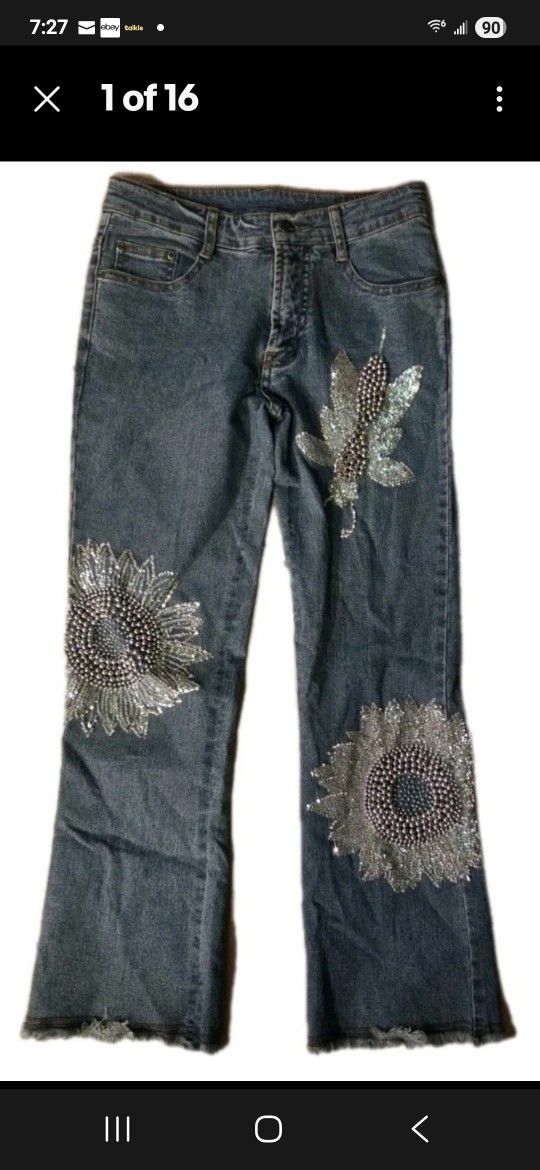 AZI Jeans Beaded Sunflower Floral Bug Embellished Silver Raw Hem Ankle Size 26