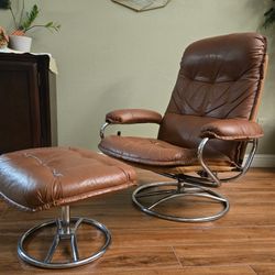 Vintage ChairWorks Brown Leather Recliner Chair w/ Ottoman-64th St & Bell