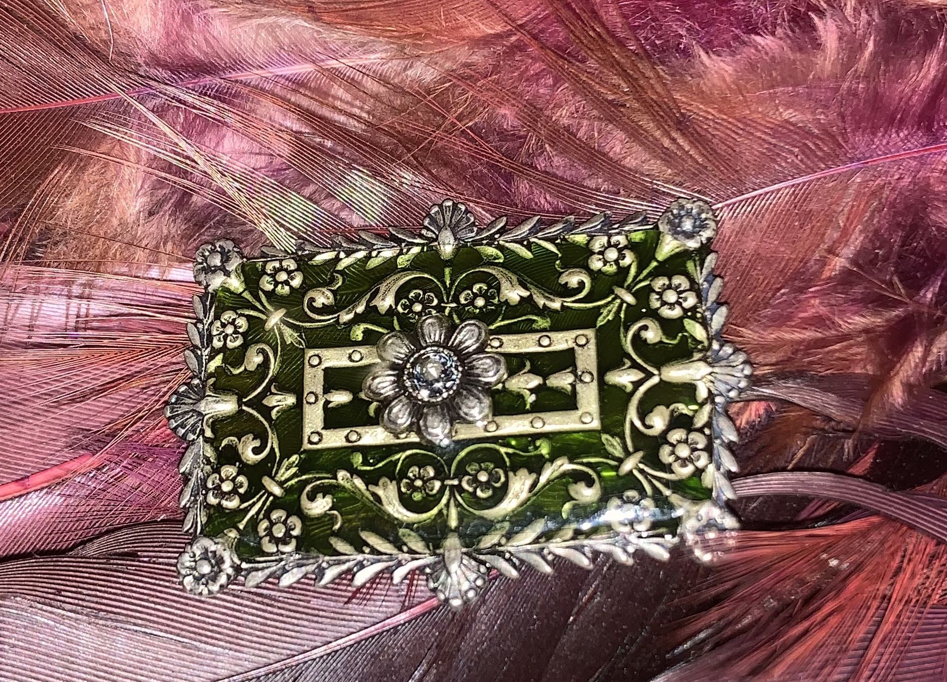 Vintage Enamel & Pewter Pin w/Rhinestone