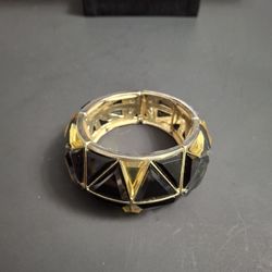 Vintage Geometric Black & Gold Stretch Bracelet, Large Faceted Acrylics Set In Goldtone Frames