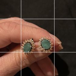 2.30ctw Oval Emerald With 1.15ctw Round White Zircon Sterling Silver Stud Earrings 