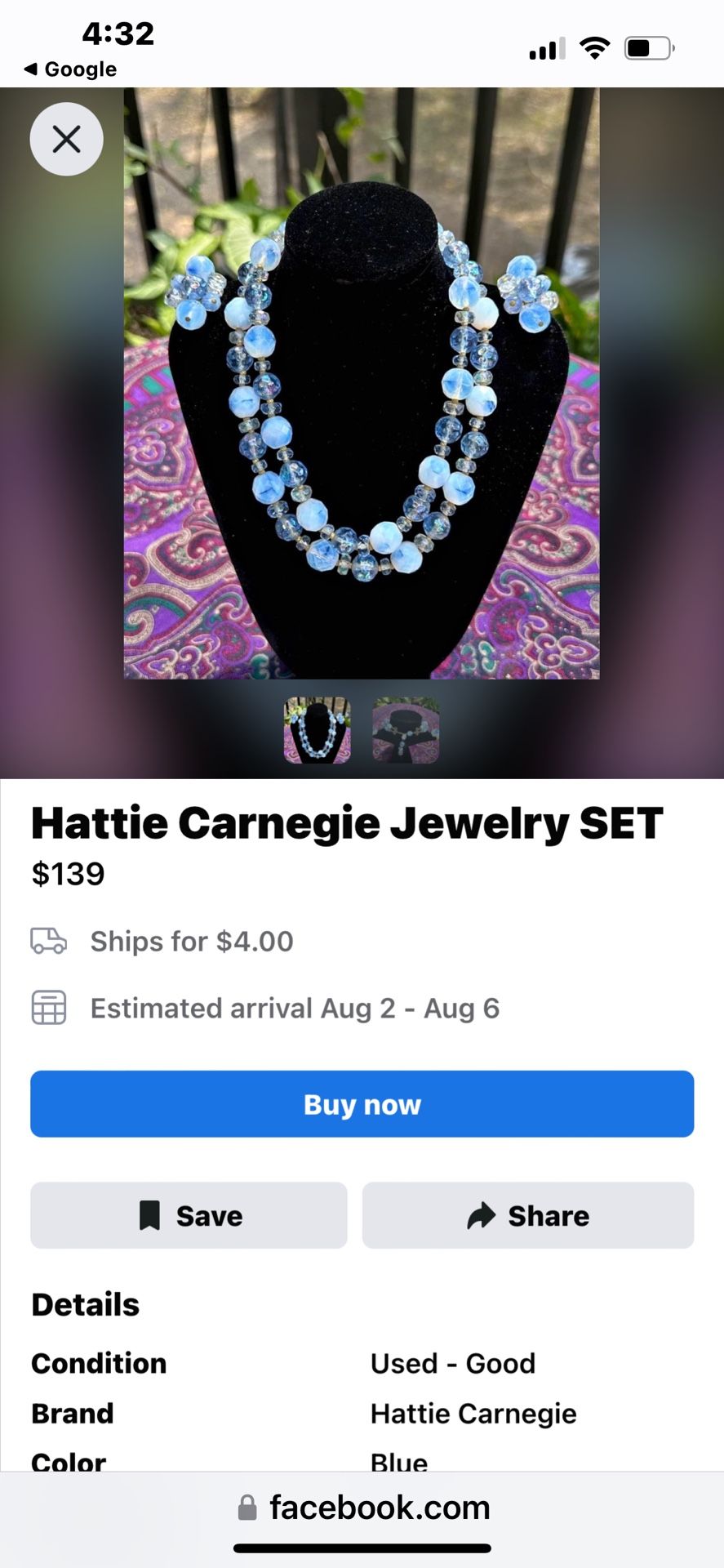 Women’s Amazing Vintage Costume Blue/moonstone Hue Glass Bead Necklace