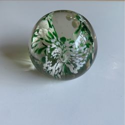 Vintage Paperweight Art Glass White Green Flower Round Paperweight