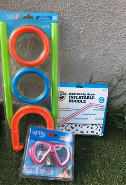 Swim mask child , big mouth giant bendy straw inflatable noodle , ringtoss and horseshoe set