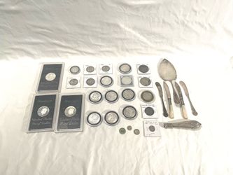 Big collection of silver coins and .925 silver serving flatware.