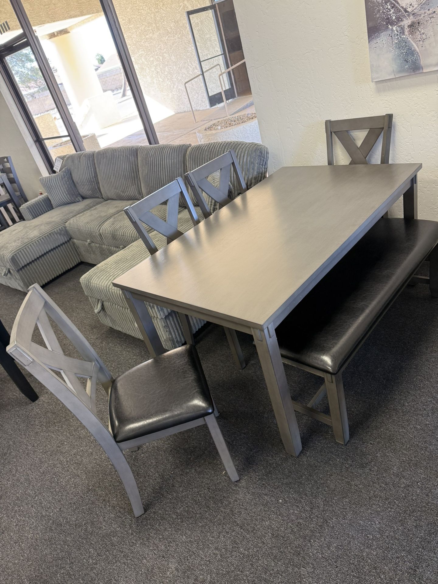 Grey Wooden Dining Table Set With 4 Chairs And Bench 