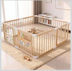 Foldable Wooden Playpen, Natural Wood Baby Playpen with Adjustable Size and Shape, Portable Includes 2 Game Boards,