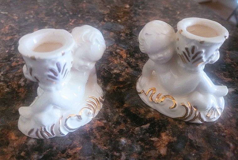 Pair Vintage White Ceramic Cherub Baby Candleholders

