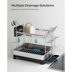 Dish Drying Rack - 2 Tier Dish Rack for Kitchen Counter with Rotatable and Extendable Drain Spout, Dish Drainer with Utensil, Cup, Glass, Cutting Boar