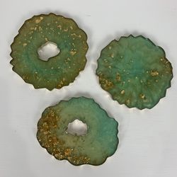 3 Gold Rimmed Turquoise/ Gold Coasters 