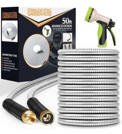 Garden Hose 50 ft, Stainless Steel Water Hose with 10 Function Nozzle Flexible
