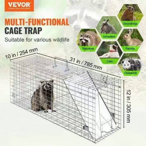 Live Animal Cage Trap, 31" x 10" x 12" Humane Cat Trap Galvanized Iron, Folding Animal Trap with Handle for Rabbits, Stray Cats, Squirrels, Raccoons,