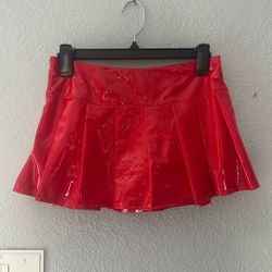 Hot Red Patent Leather Fitted V-Neck Waist Pleated A-Line Skirt Outfit