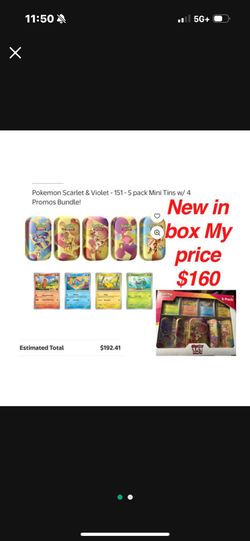 New in box Pokemon Scarlet & Violet - 151 - 5 pack Mini Tins w/ 4 Promos Bundle! $160 firm cash only pick up only address will be provided when ready 
