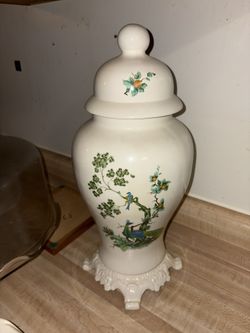 Vintage Porcelain Ginger Jar – 14.5” Tall – Bird & Floral Design
