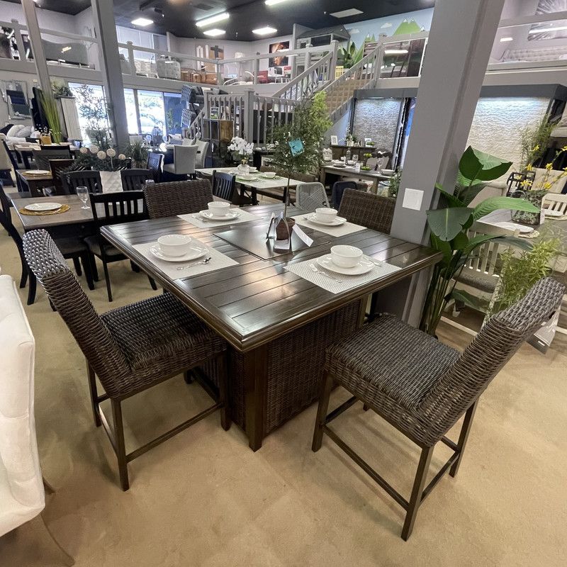 Medium Brown Outdoor Bar Table w/ Fire Pit and 4 Barstools