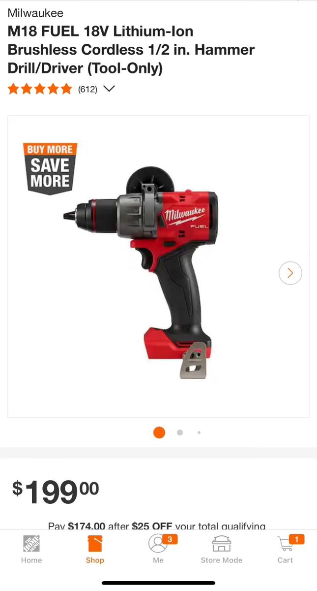 M18 FUEL 18V Lithium lon Brushless Cordless 1/2 in. Hammer Drill/Driver (Tool Only) (612) V BUY MORE SAVE MORE Milwaukee