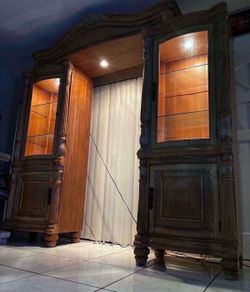 Glass Cabinets With Glass Shelves & Lights- Solid Wood- Good Condition
