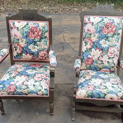 Vintage Carved Wood Accent Chairs – Floral Upholstery – Solid Wood (Pair)