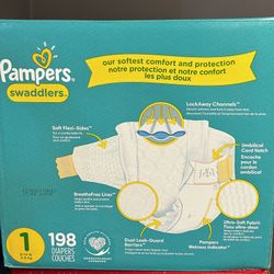Pampers size one unopened box of diapers 198 count