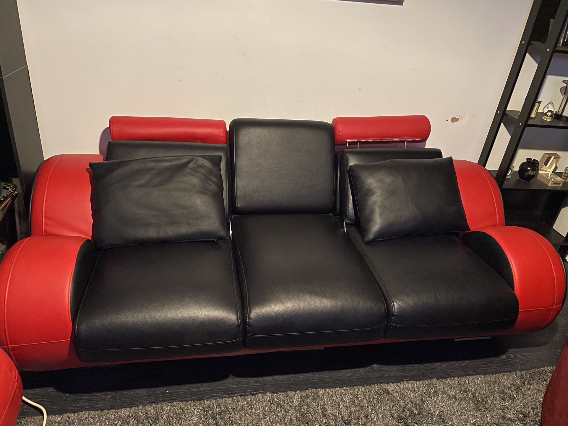 Red And Black Leather loveseat and couch recliners on loveseat and couch